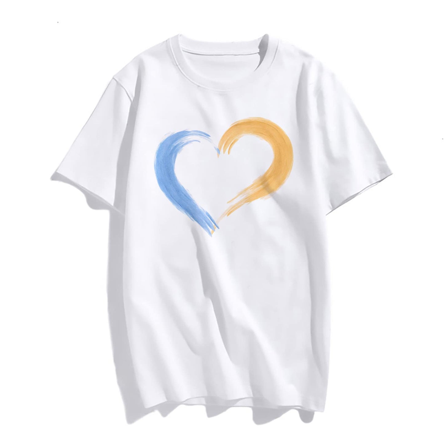 Blue and Yellow Patchwork Love Print Short Sleeve T Shirts for Women Tops Teen Girl Clothes