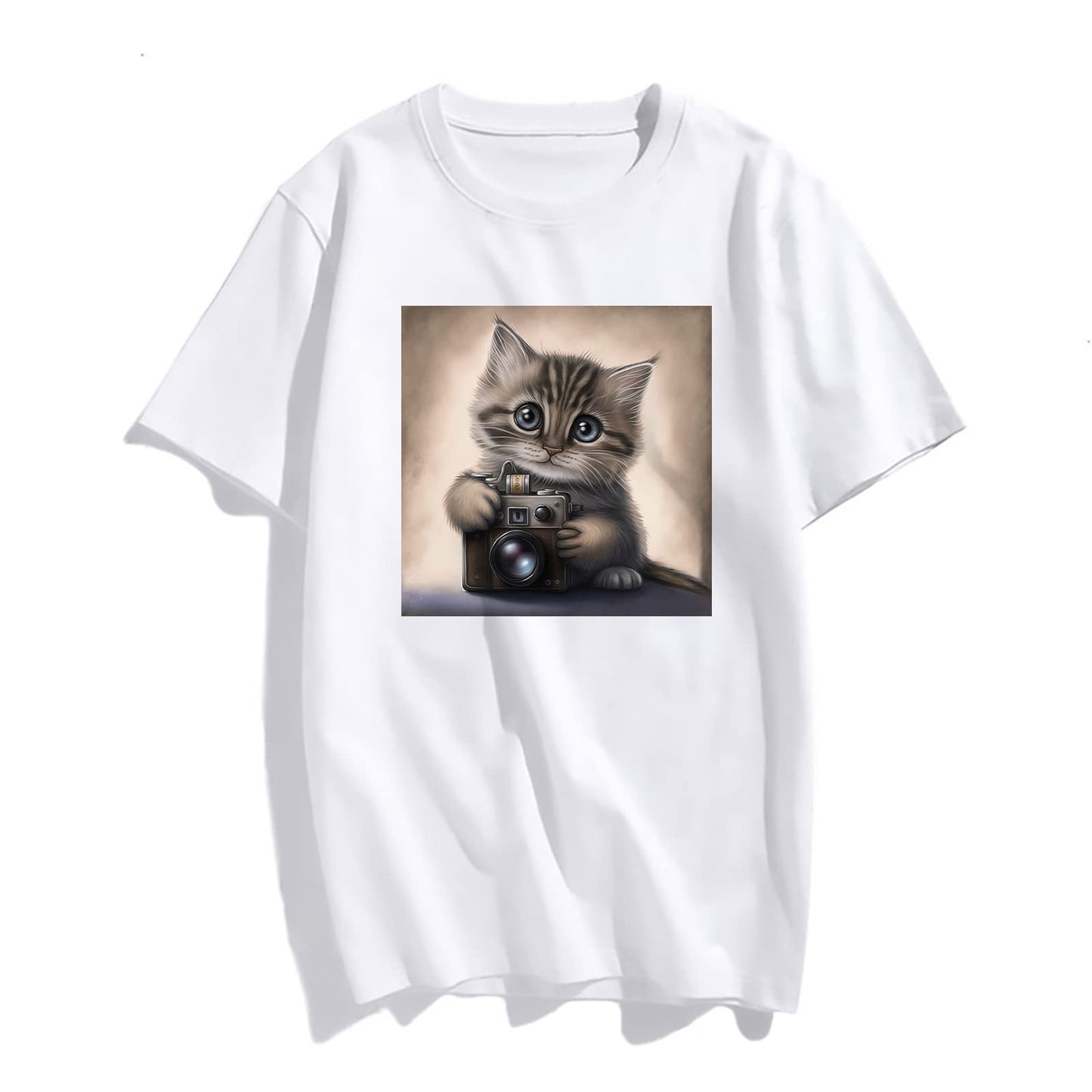 Lovely Cat Holding Camera Print Tshirts Casual Short Sleeve Tops Women's Teens Girl