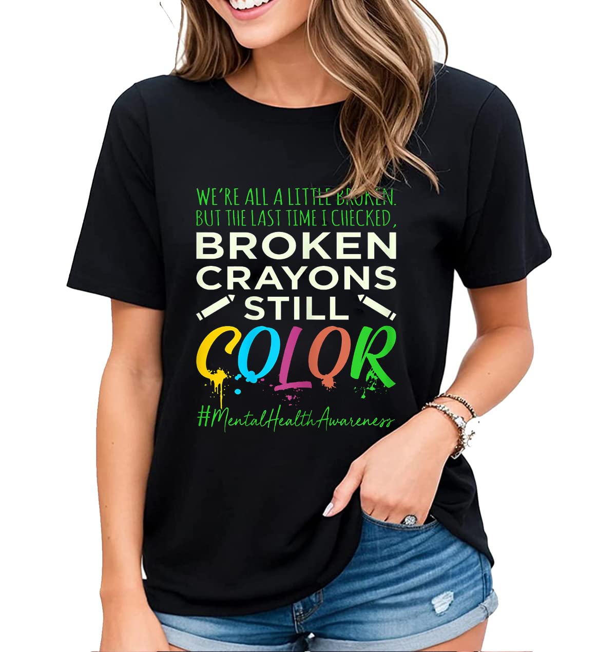 T-Shirt for Women No One Fights Alone Mental Health Awareness Green Ribbon Casual Short Sleeve Tops
