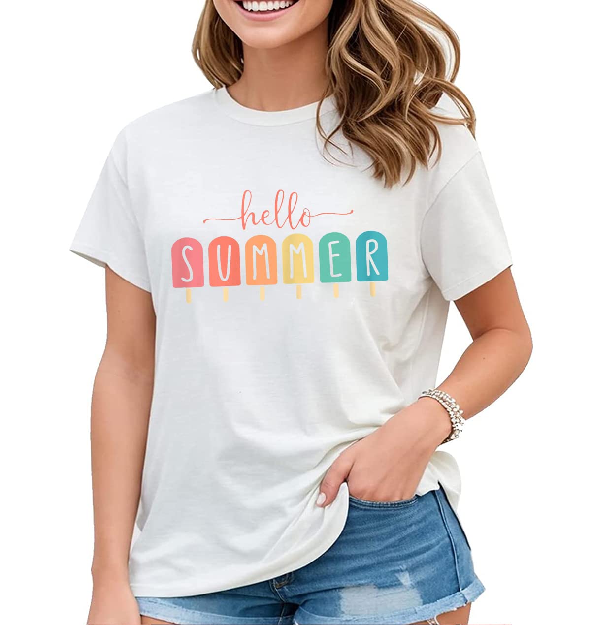 T-Shirt for Women Hello Summer Graphic Shirt Vacation Beach Style Casual Short-Sleeved Tops