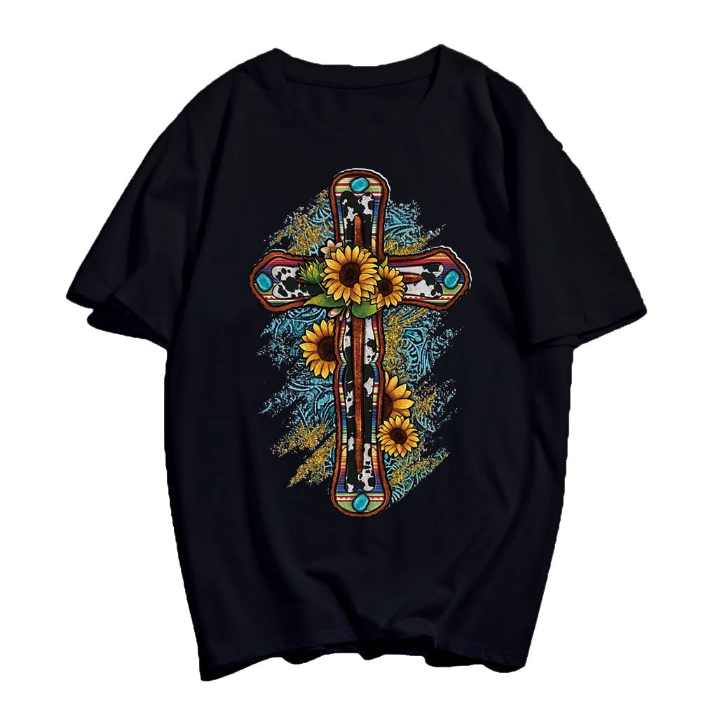 Noozuo Women's Cross-Themed Text Floral O-Neck T-Shirt