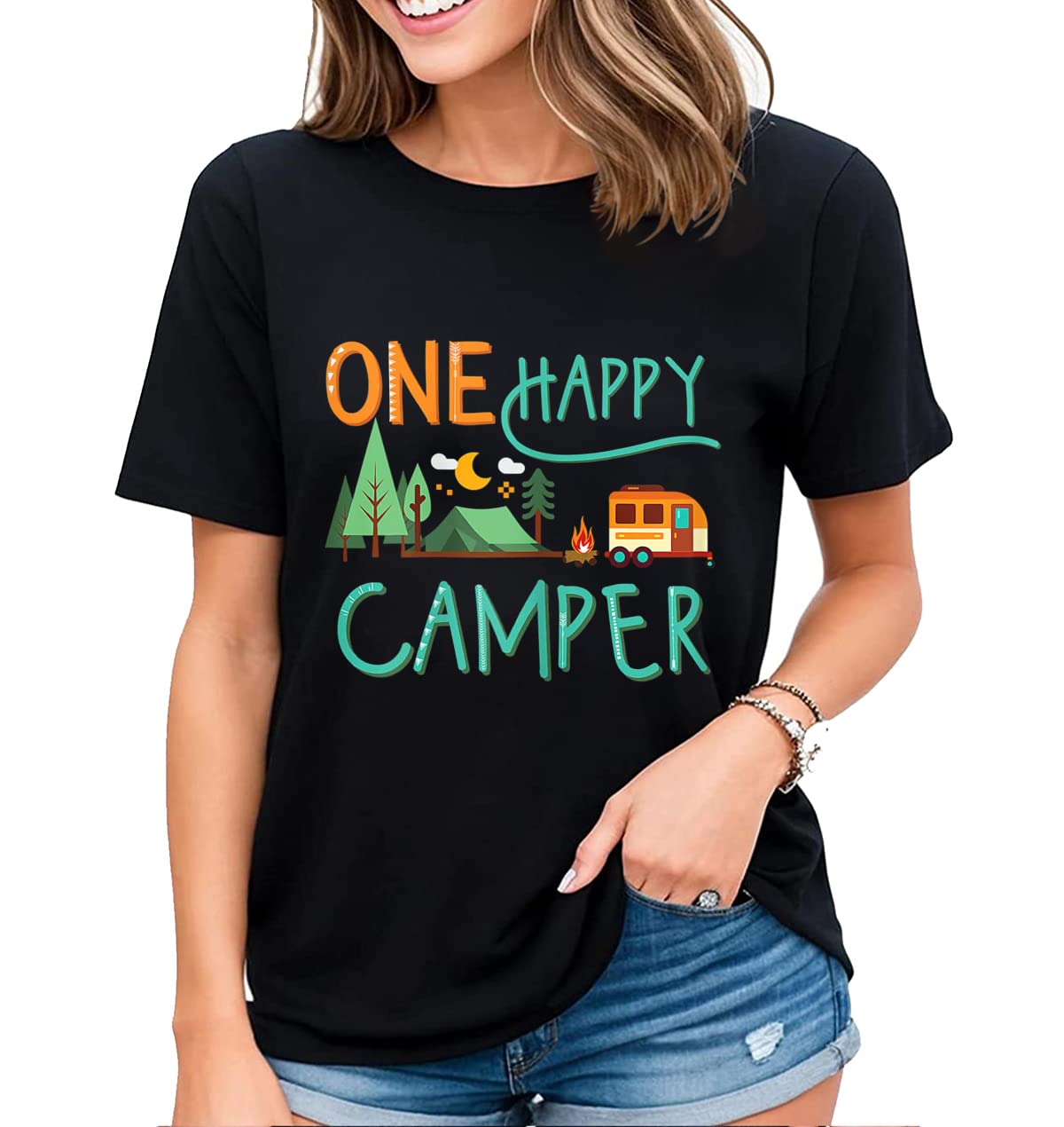 Womens Hiking Camping Shirt Funny Graphic T-Shirt Happy Camper Letter Print Short Sleeve Tops
