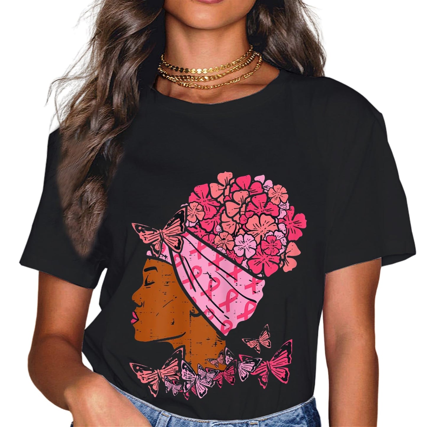 Sassalilly Breast Cancer Awareness Pink Black African American Women T-Shirt