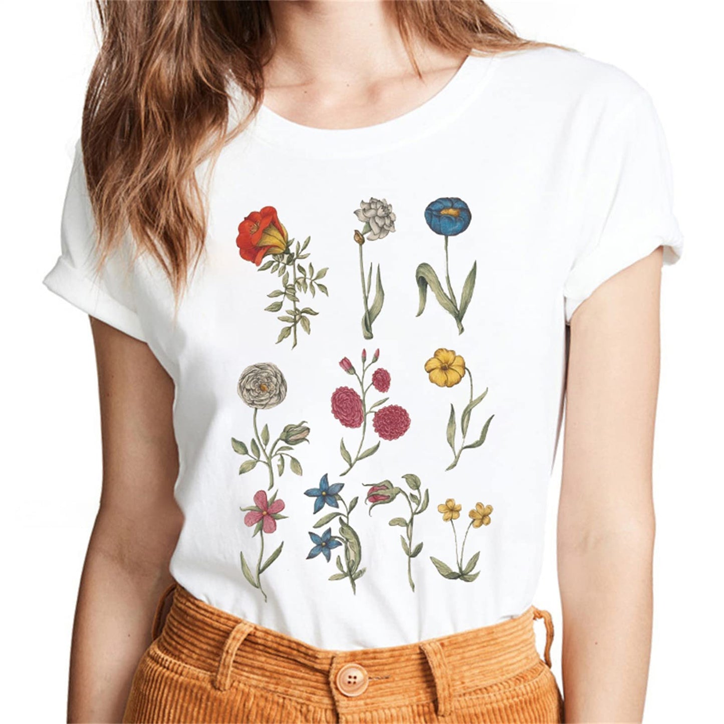 Sassalilly Various Botanical Flower Theme Pattern Text Top Casual Regular Summer Short Sleeve Women's T-Shirt