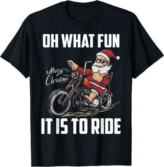 Santa Claus Riding Motorcycle Bike Cool Biker Christmas T-Shirt Black Tee