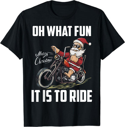 Santa Claus Riding Motorcycle Bike Cool Biker Christmas T-Shirt Black Tee