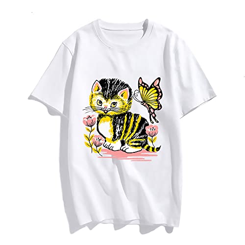 Womens T Shirt Fashion Tops Girl Short Sleeve Black Cat Graphic Casual Tees