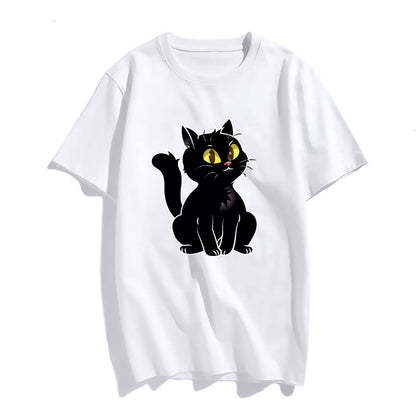 Womens T Shirt Fashion Tops Girl Short Sleeve Black Cat Graphic Casual Tees