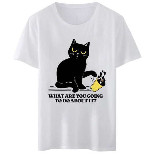 Women T-Shirt What are You Going to Do About It? Black Cat Coffee T-Shirt Round Neck Casual Tee