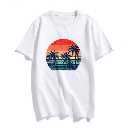 Sunset Beach Palm Tree Fashion Short Sleeve Casual Round Neck Vacation T-Shirt