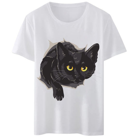 Women T-Shirt Black Cat Print T-Shirt Round Neck Tops Short Sleeve Casual Tee