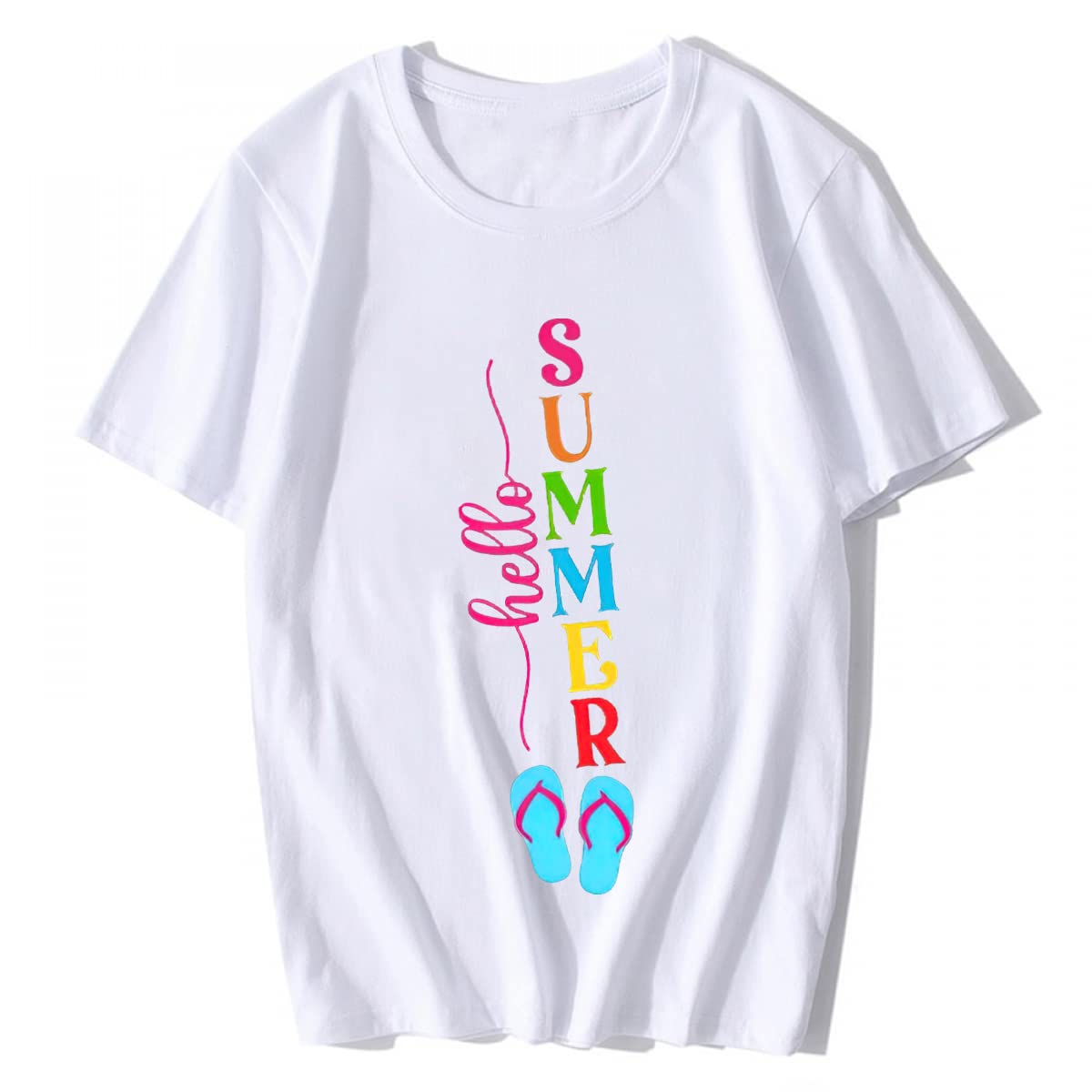 T-Shirt for Women Hello Summer Graphic Shirt Vacation Beach Style Casual Short-Sleeved Tops