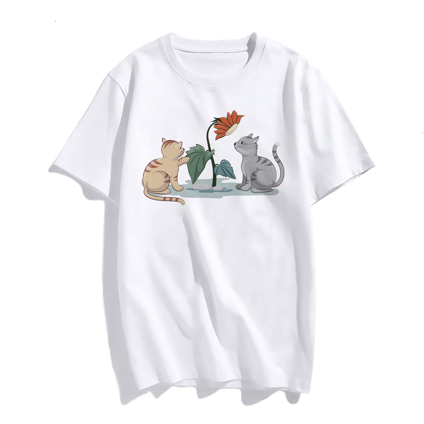 Womens Two Cats Playing Print Tshirts Casual Short Sleeve Tops Women's