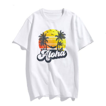 Sunset Beach Palm Tree Fashion Short Sleeve Casual Round Neck Vacation T-Shirt