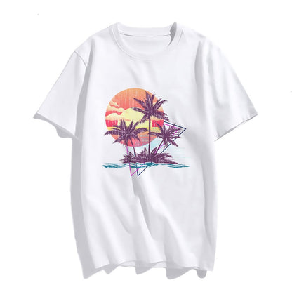 Sunset Beach Palm Tree Fashion Short Sleeve Casual Round Neck Vacation T-Shirt