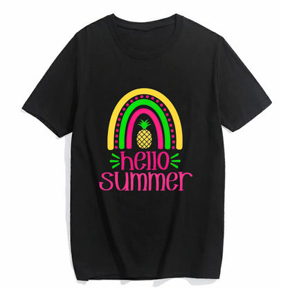 T-Shirt for Women Hello Summer Graphic Shirt Vacation Beach Style Casual Short-Sleeved Tops