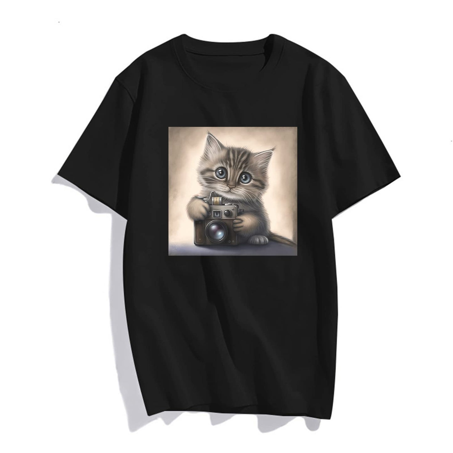 Lovely Cat Holding Camera Print Tshirts Casual Short Sleeve Tops Women's Teens Girl