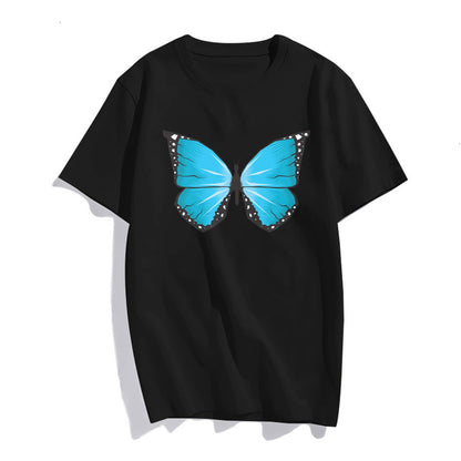 Women Butterfly Blue Print T-Shirt Fashion Short-Sleeved Top