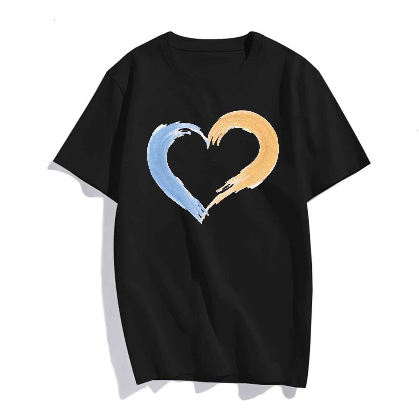 Blue and Yellow Patchwork Love Print Short Sleeve T Shirts for Women Tops Teen Girl Clothes