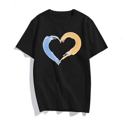 Blue and Yellow Patchwork Love Print Short Sleeve T Shirts for Women Tops Teen Girl Clothes