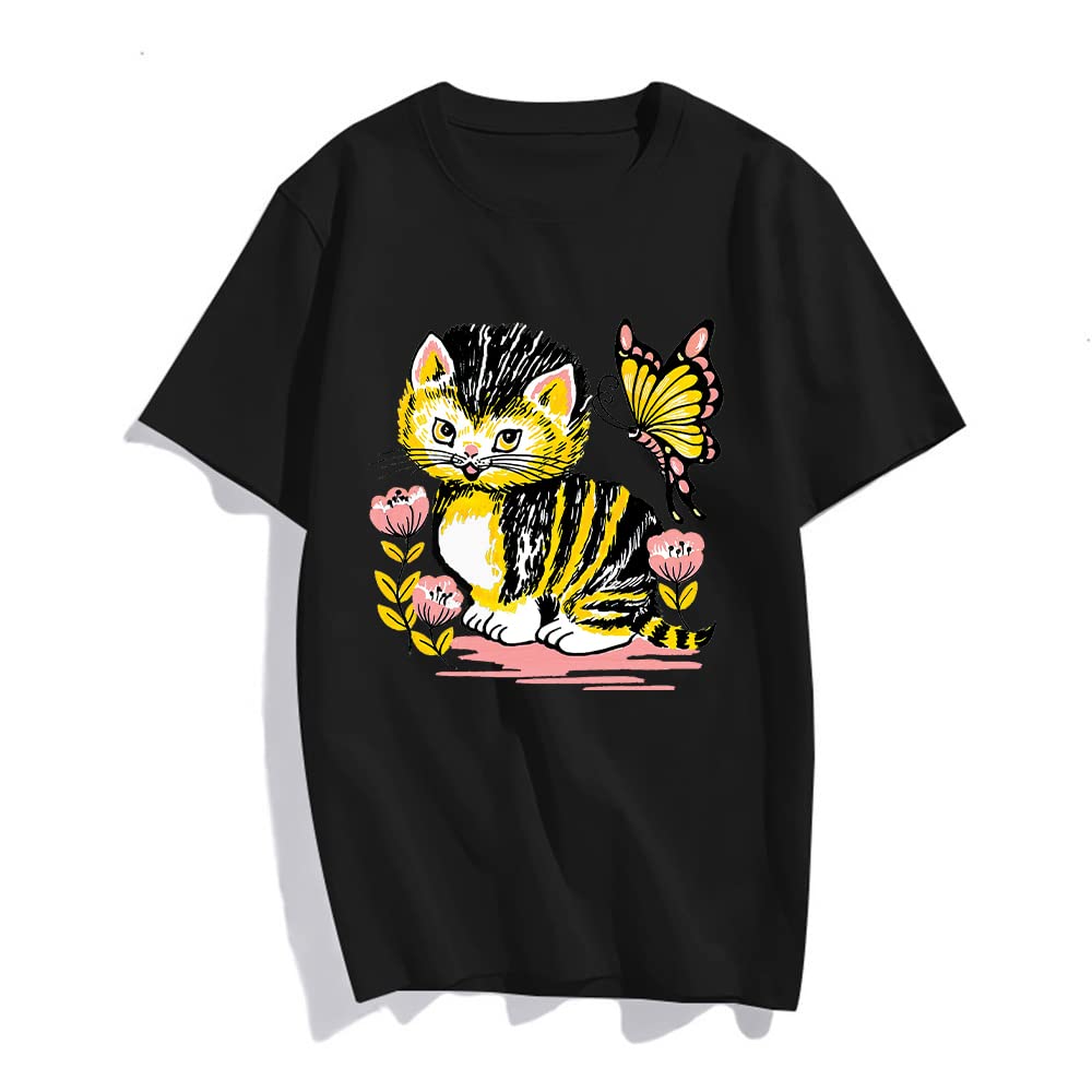 Womens T Shirt Fashion Tops Girl Short Sleeve Black Cat Graphic Casual Tees