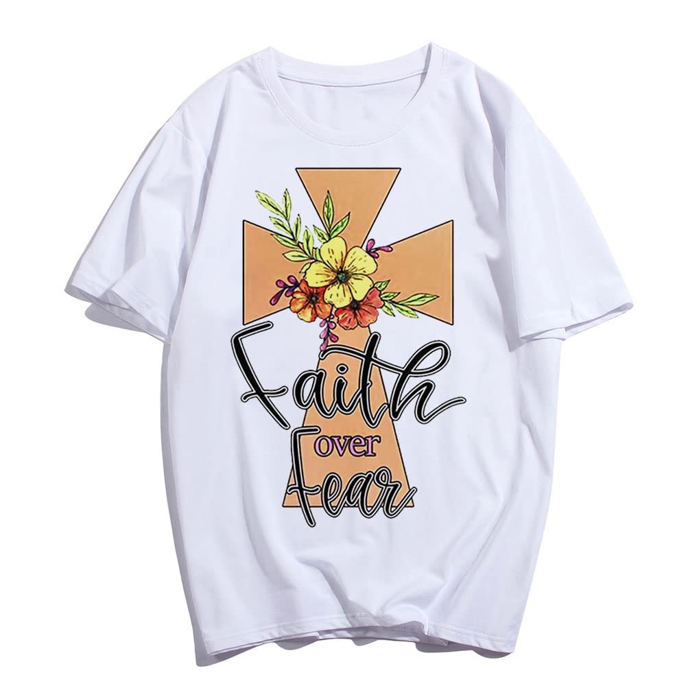 Noozuo Women's Cross-Themed Text Floral O-Neck T-Shirt