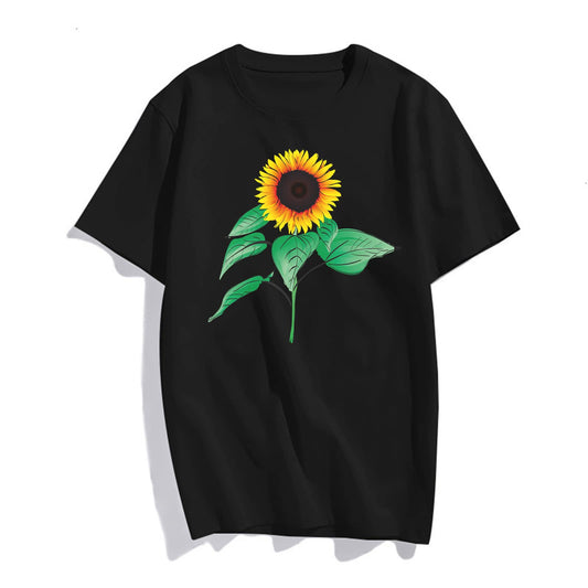 Sunflower with Green Leaves Pattern Women Casual Short-Sleeved Top T-Shirt