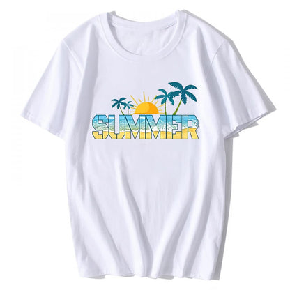 T-Shirt for Women Hello Summer Graphic Shirt Vacation Beach Style Casual Short-Sleeved Tops