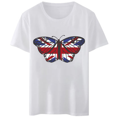 Women T-Shirt American Flag Butterfly Print Round Neck Tops Short Sleeve Casual Tee