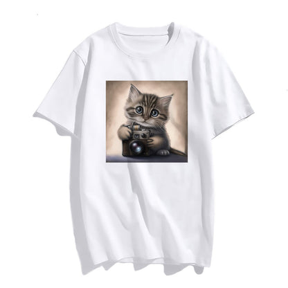 Lovely Cat Holding Camera Print Tshirts Casual Short Sleeve Tops Women's Teens Girl