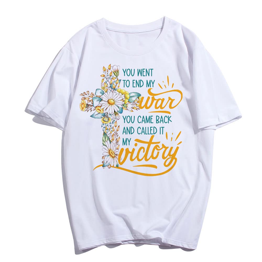 Noozuo Women's Cross-Themed Text Floral O-Neck T-Shirt