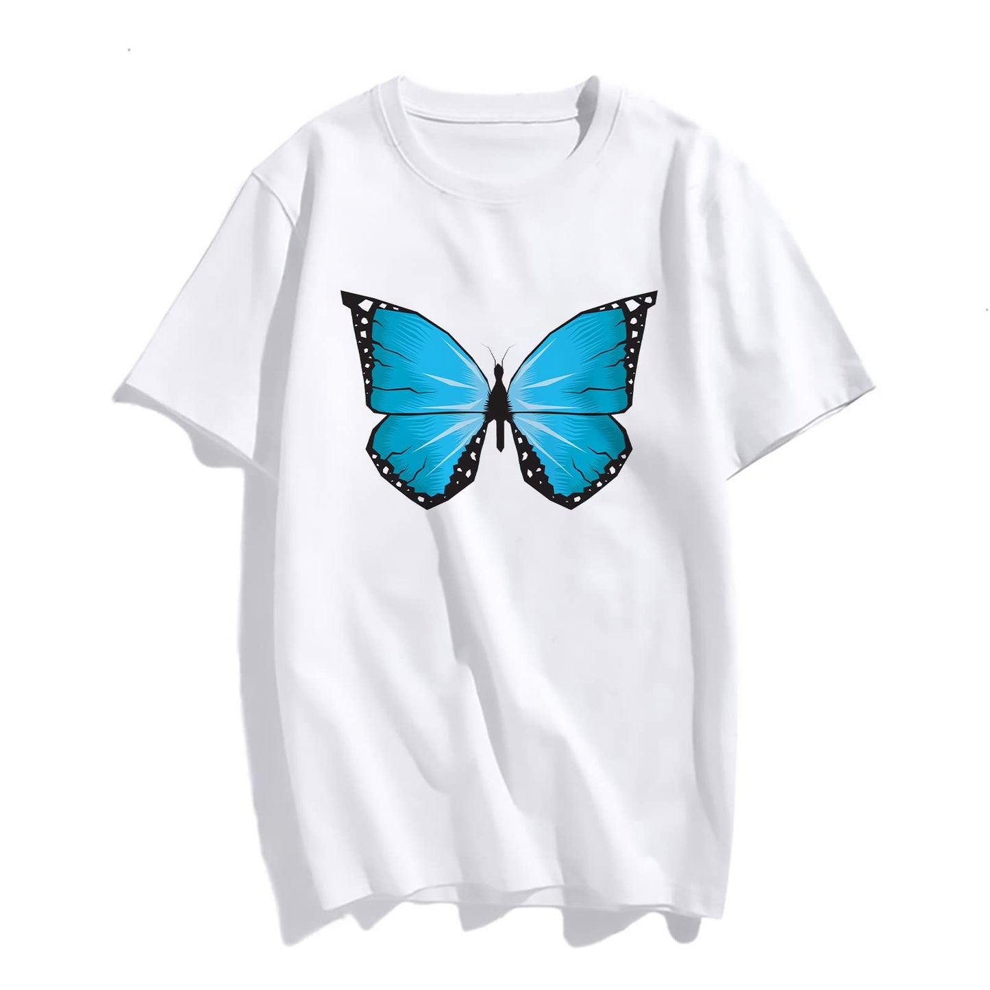 Women Butterfly Blue Print T-Shirt Fashion Short-Sleeved Top