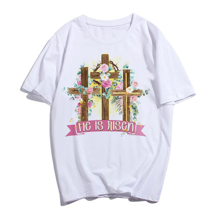 Noozuo Women's Cross-Themed Text Floral O-Neck T-Shirt