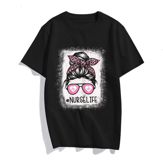 Nurse Life Shirts Pink Leopard Messy Bun Nurse Life T-Shirt Tops