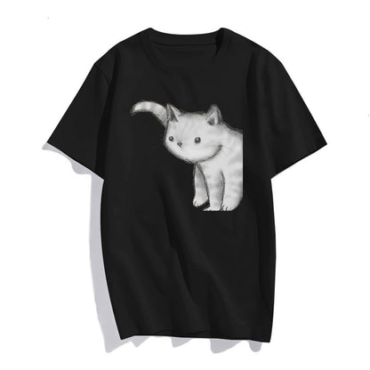 The Cat with The Head Outstretched T-Shirt Casual Round Neck Short Sleeve