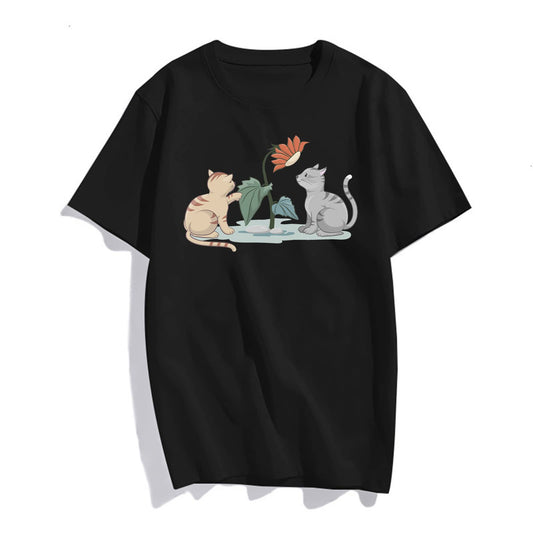 Womens Two Cats Playing Print Tshirts Casual Short Sleeve Tops Women's