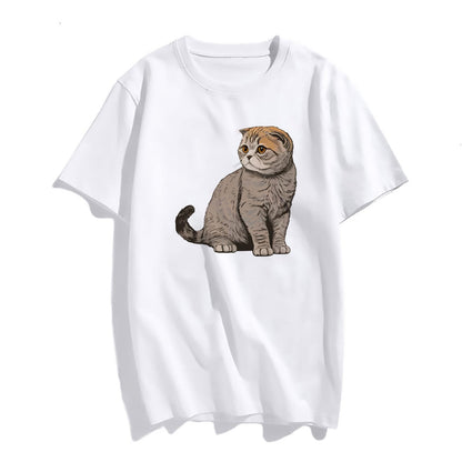 Women Grey-Brown Cat Graphics T-Shirt Fashion Casual Short-Sleeved Tops Teens Girl Clothes