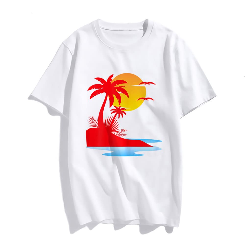 Sunset Beach Palm Tree Fashion Short Sleeve Casual Round Neck Vacation T-Shirt