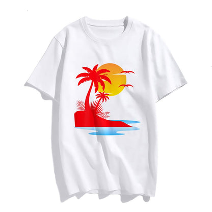 Sunset Beach Palm Tree Fashion Short Sleeve Casual Round Neck Vacation T-Shirt