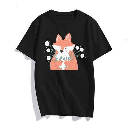 Funny Fox T-Shirt Women Teenagers Short-Sleeved Round Neck Tops