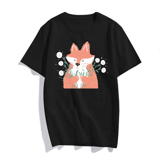 Funny Fox T-Shirt Women Teenagers Short-Sleeved Round Neck Tops