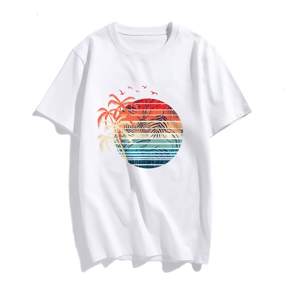 Sunset Beach Palm Tree Fashion Short Sleeve Casual Round Neck Vacation T-Shirt