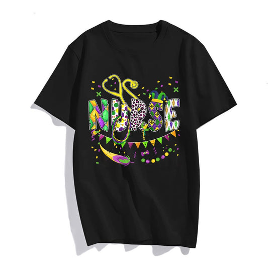 Nurse Mardi Gras Leopard Festival Party Lover Apparel T-Shirt Women Top