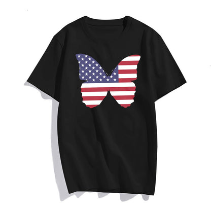 Butterfly American Flag Pattern Women's Short-Sleeved Round Neck T-Shirt