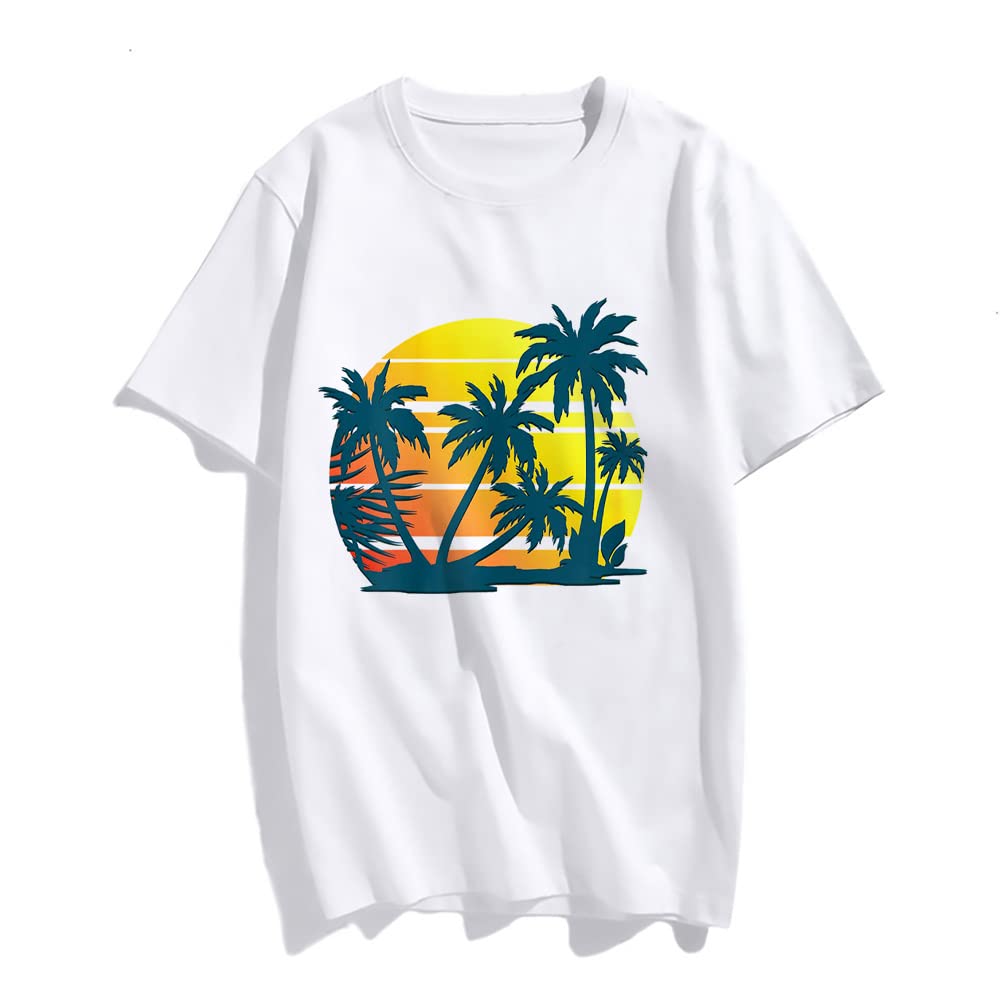 Sunset Beach Palm Tree Fashion Short Sleeve Casual Round Neck Vacation T-Shirt