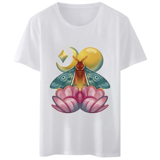 Women T-Shirt Butterfly Lotus Flower Moon Star Sun Print Round Neck Tops Short Sleeve Casual Tee