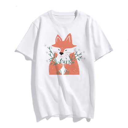 Funny Fox T-Shirt Women Teenagers Short-Sleeved Round Neck Tops