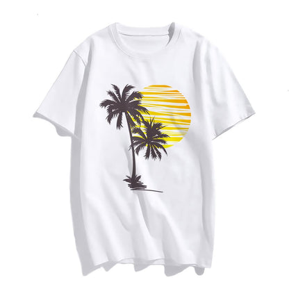 Sunset Beach Palm Tree Fashion Short Sleeve Casual Round Neck Vacation T-Shirt