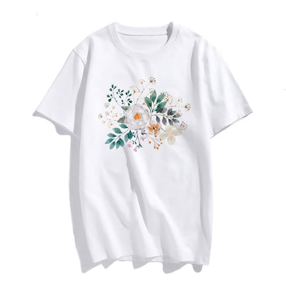 White Flower Graphic Tshirts Casual Short Sleeve Tops Women's Teens Girl