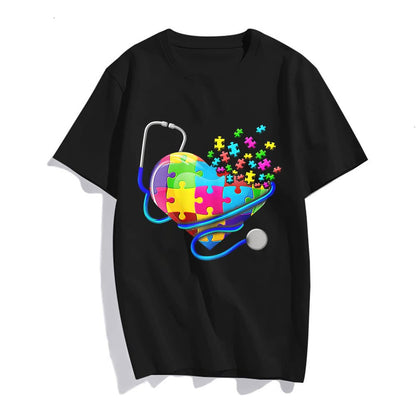 Funny Nurse Autism Puzzle Stethoscope Heart T-Shirt Women Tops